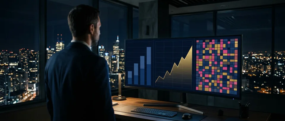 Gestor analisando painel de vendas com gráficos
