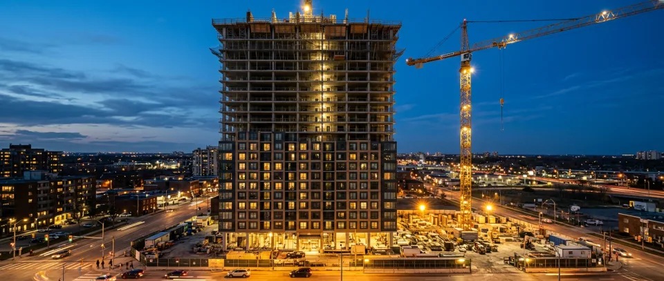 Prédio em construção com guindaste na hora azul