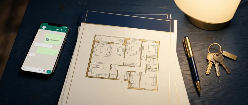 Proposta impressa com planta, celular e chaves do apartamento