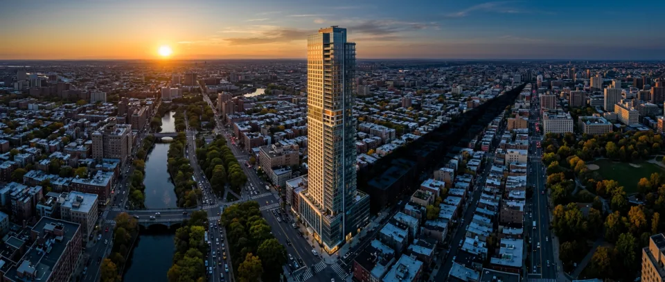 Torre residencial projetando sombra sobre o bairro ao entardecer