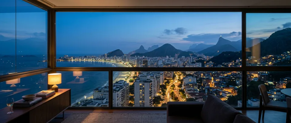 Vista de um apartamento alto sobre a cidade, o mar e as montanhas
